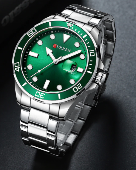 Discover elegance with the BIJOU GREEN LUXURY CURREN WATCH, featuring a stunning green dial and unique hour markers.