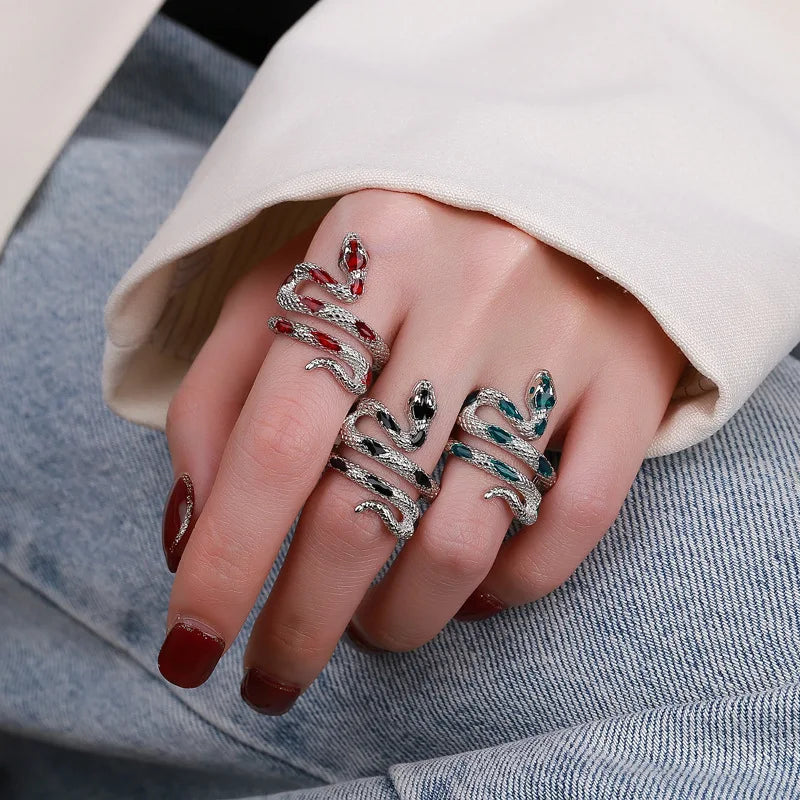 Red Green Black Drop Glaze Punk Snake Ring