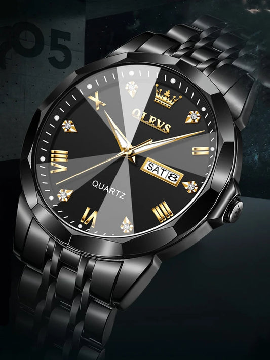 OLEVS Luxury Black Steel Strap Waterproof